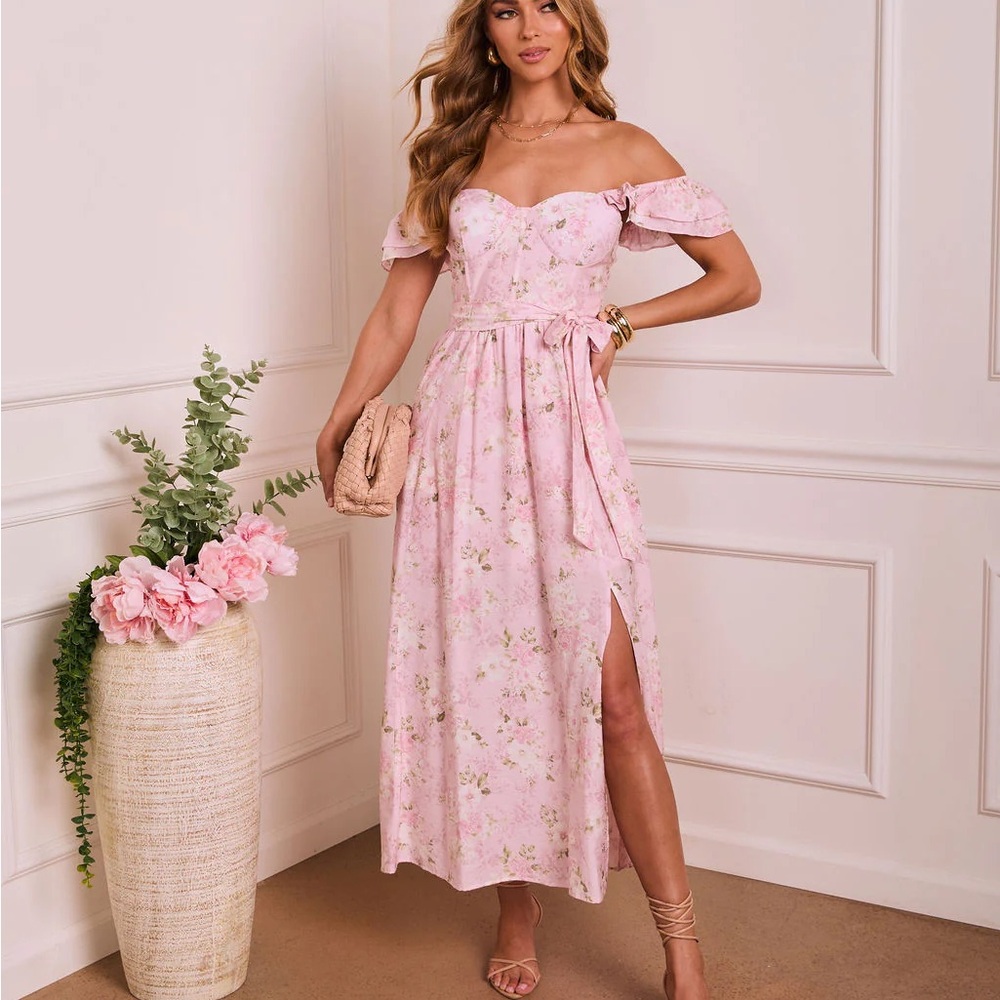 Vici Pink Floral One-Shoulder Midi Dress with Side Slit